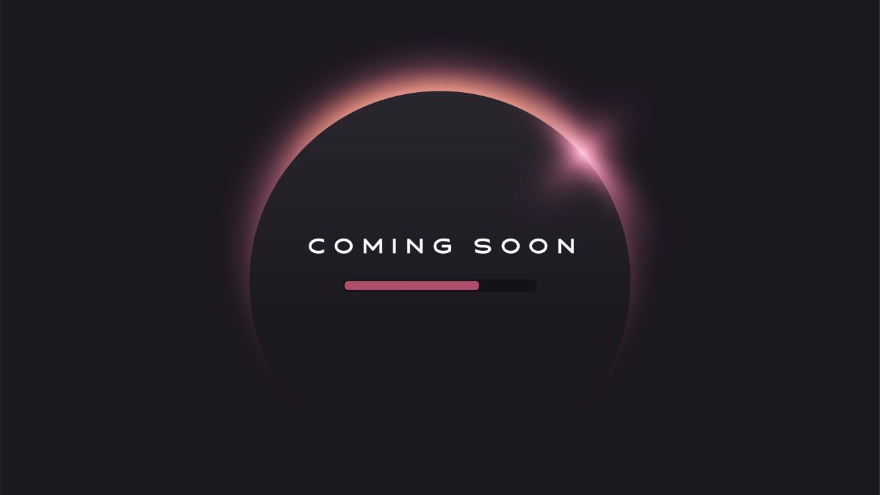 Coming soon text on abstract sunrise dark background with motion effect