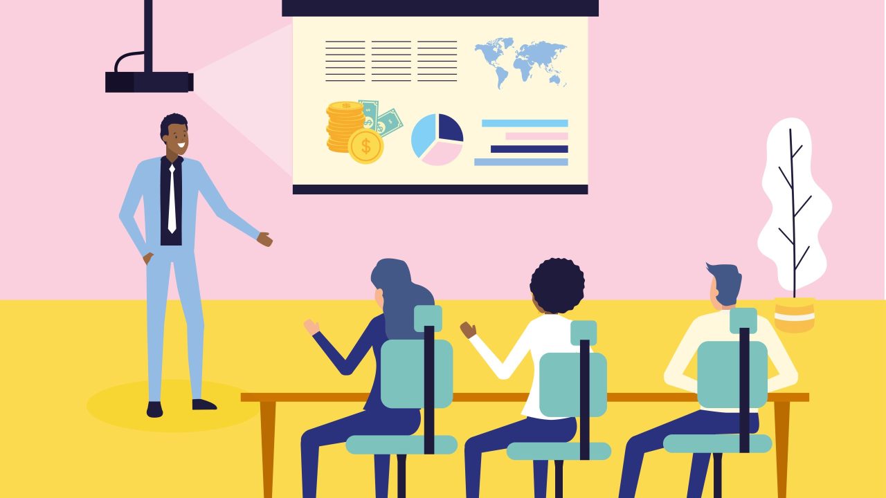 businesspeople meeting video presentation report office work vector illustration